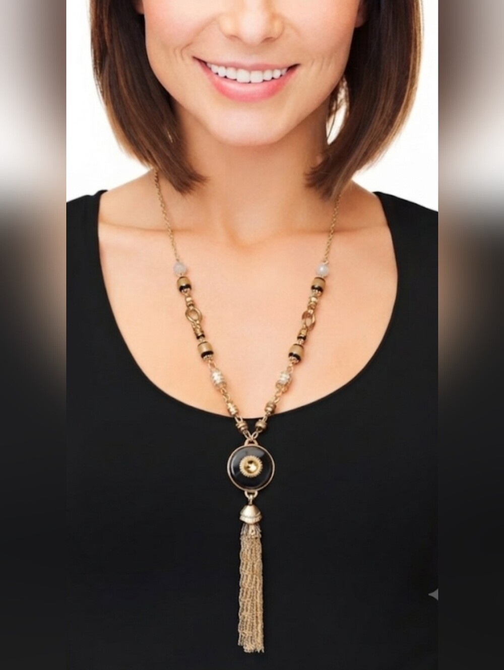 Gold Tassel Medallion Statement Necklace Boho Beaded 19"-21"